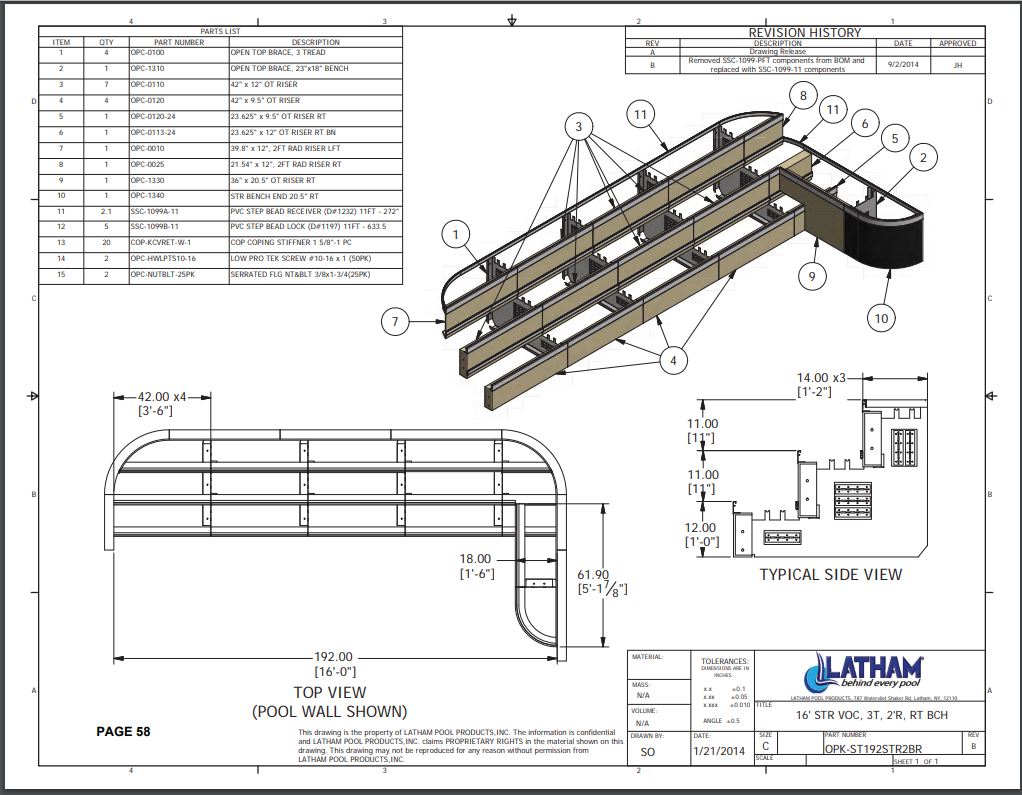16' Straight Step Polymer 2'R 3-Tread w/ Right Bench